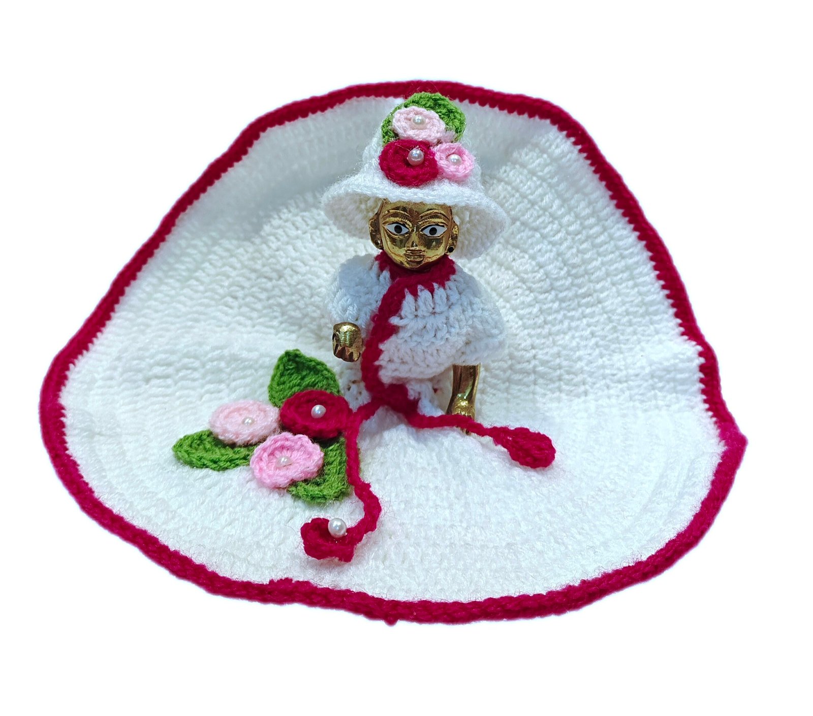 Floral White & Pink woolen Dress for Kanha Ji / Thakur Ji with decorated hat