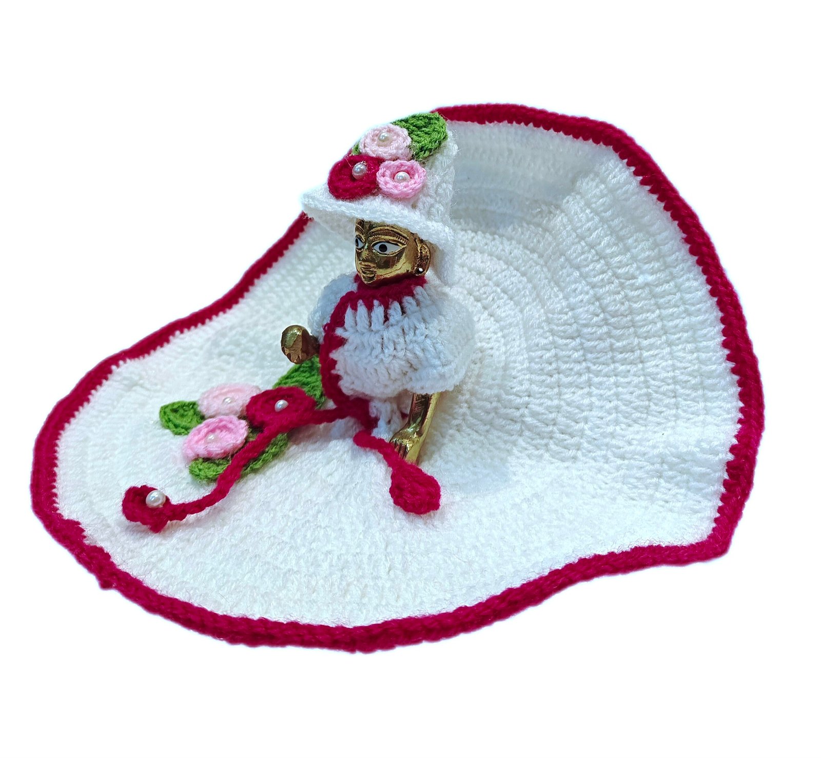 Floral White & Pink woolen Dress for Kanha Ji / Thakur Ji with decorated hat 2 Floral White & Pink woolen Dress for Kanha Ji / Thakur Ji with decorated hat - Image 2