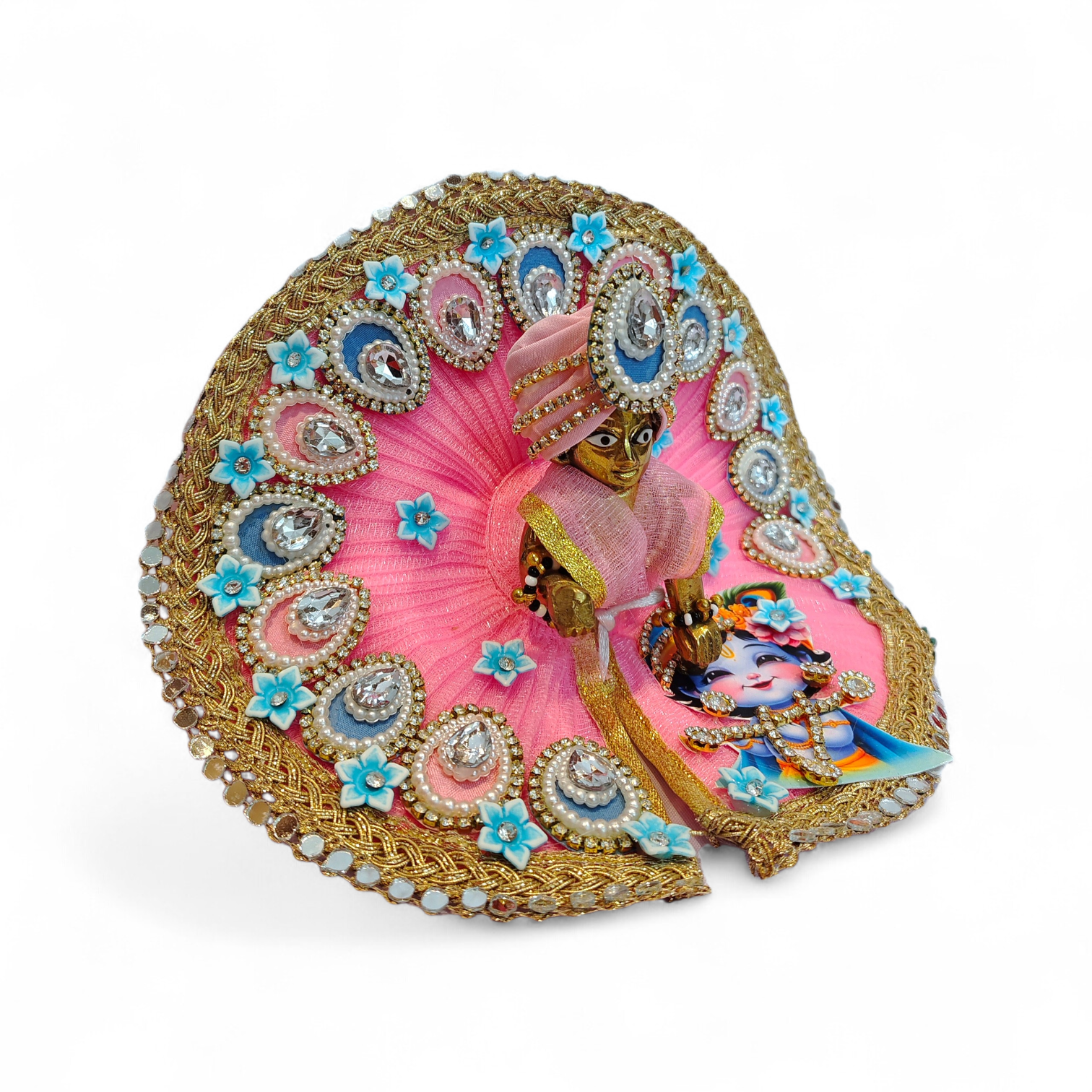 Adorable Pink Floral Dress for Laddu Gopal Ji with Matching Pagdi and Krishna Motif 3 adorablepinkfloral-laddugopal-dress