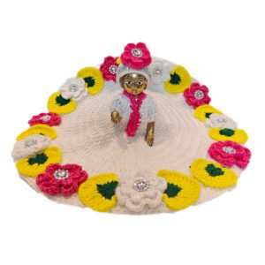 White woolen dress with colorful crochet flowers with beautiful cap