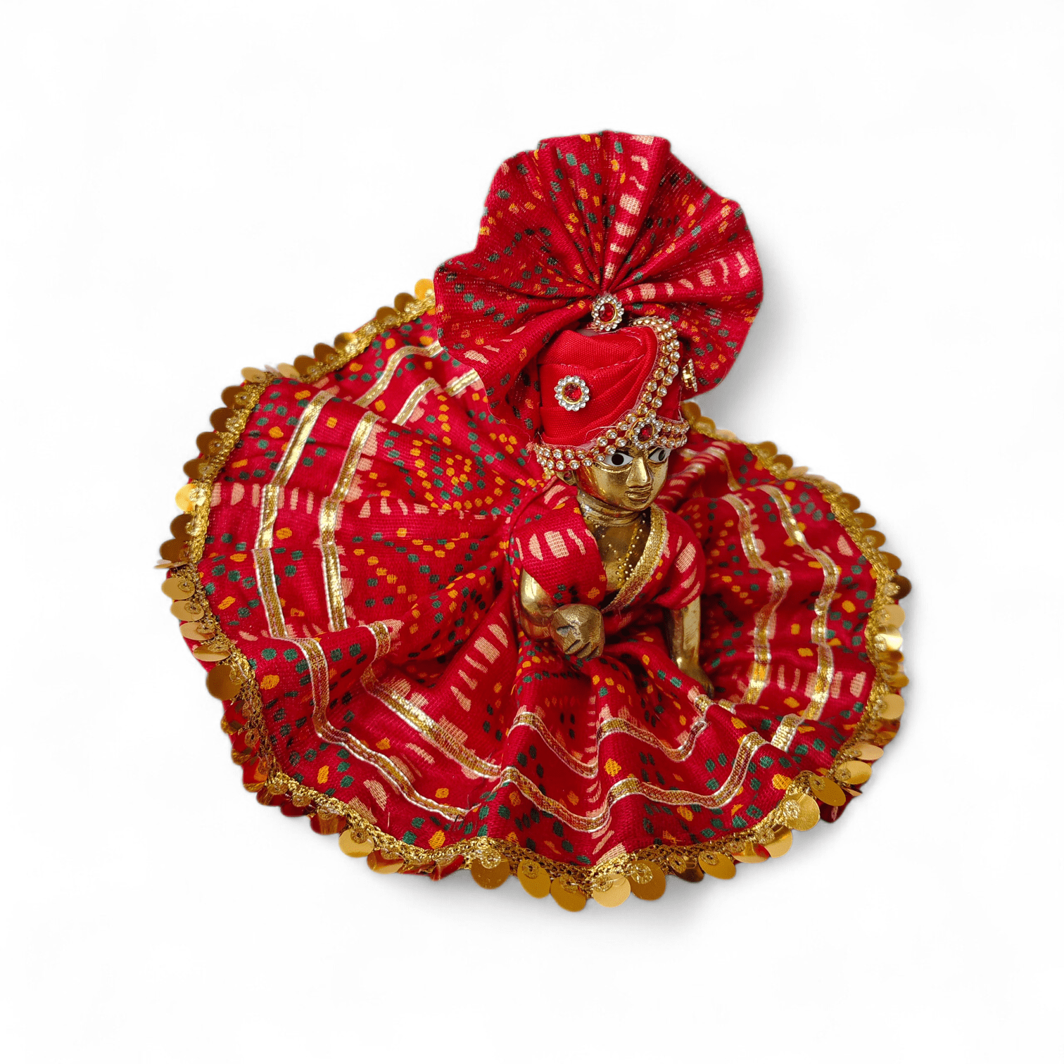 Exquisite Red Bandhani dress for laddu gopal ji with mukut 2 Exquisite Red Bandhani dress for laddu gopal ji with mukut - Image 2