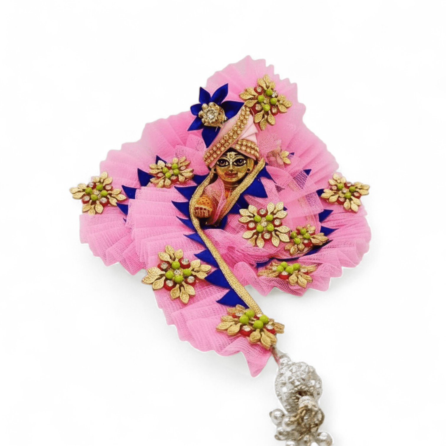 Stunning Pink Frilled Net Dress for Laddu Gopal Ji with Designer Pagdi 1 pink-net-poshak-for-laddu-gopal-with-blue-flowers.jpg